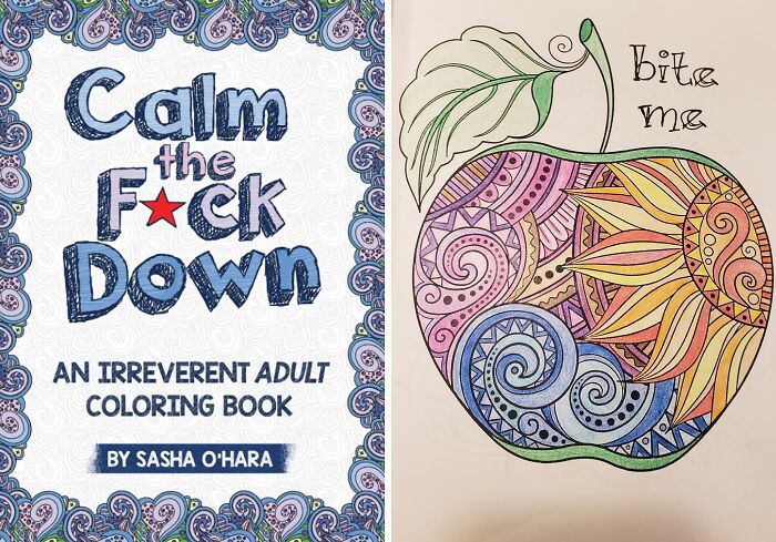 Adult coloring book and a colorful apple illustration with artistic patterns, ideal for creative treasures exploration.