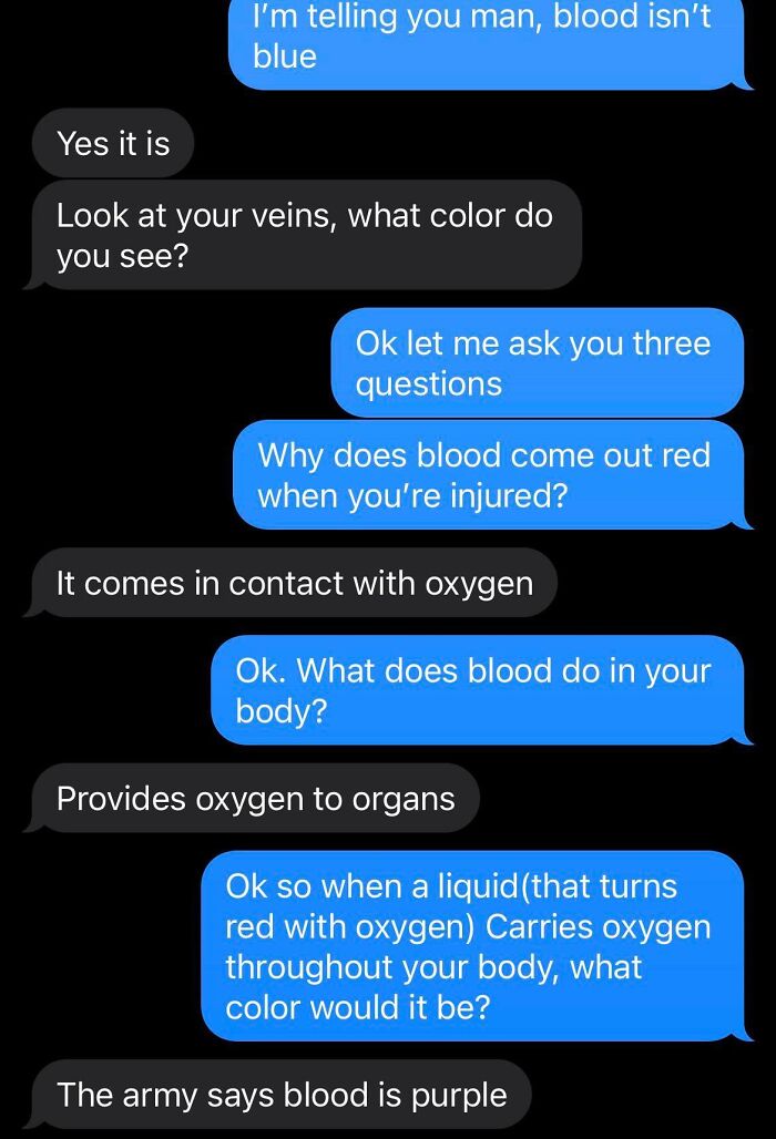 Text message exchange showing confusion about blood color, highlighting clueless people surprising others with their stupidity.