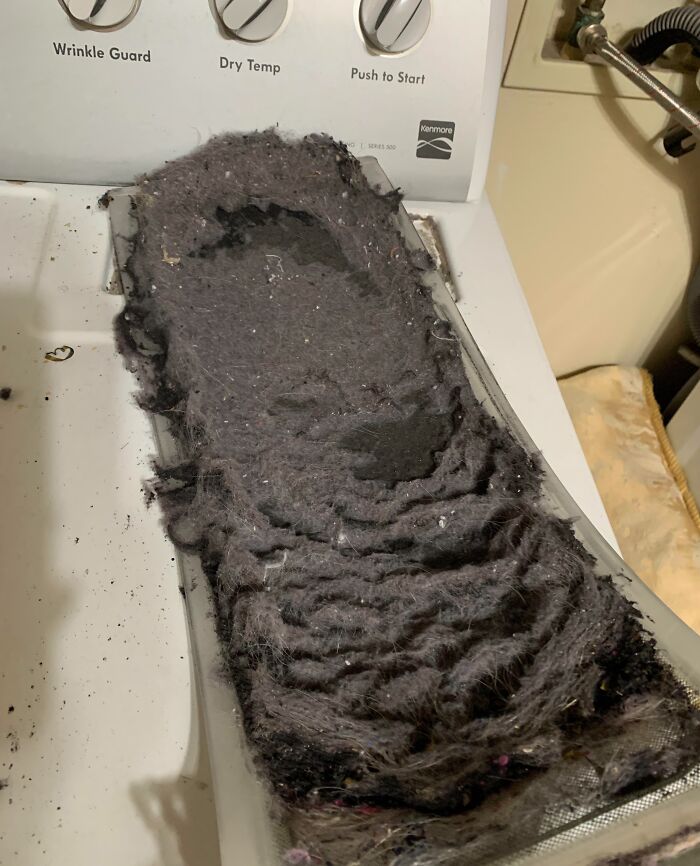 Extremely clogged dryer lint trap filled with thick, dusty lint showing clueless people surprised by their stupidity.