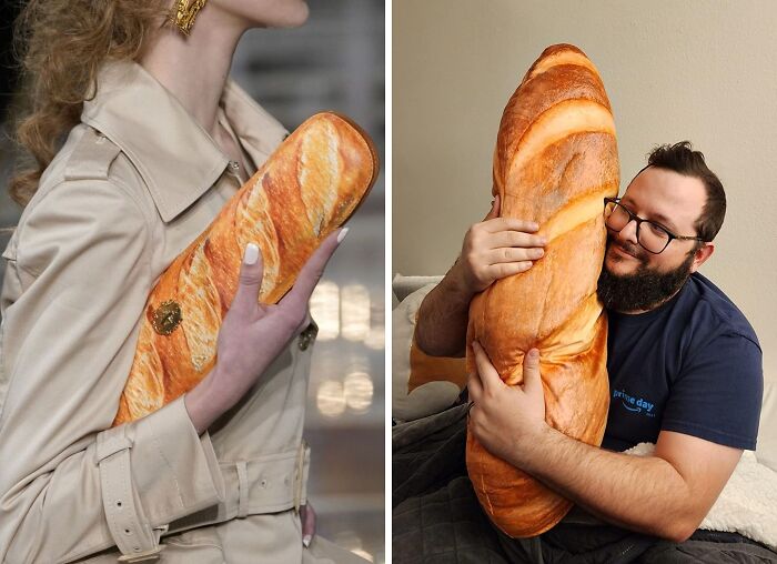 From Haute Couture To Cozy Couch - Moschino's Chic Clutch vs. Huggable Bread-Shaped Pillow