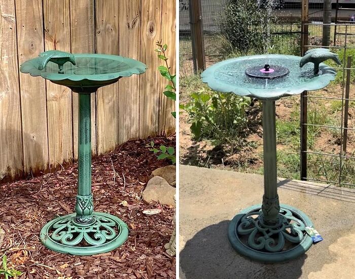 Green decorative bird bath with ornate base shown in garden setting as a low-effort garden find for easy outdoor decor.