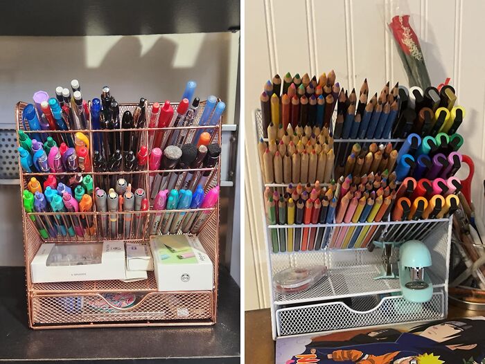 Creative treasures: organized pens, pencils, and art supplies in wire holders for artistic exploration.