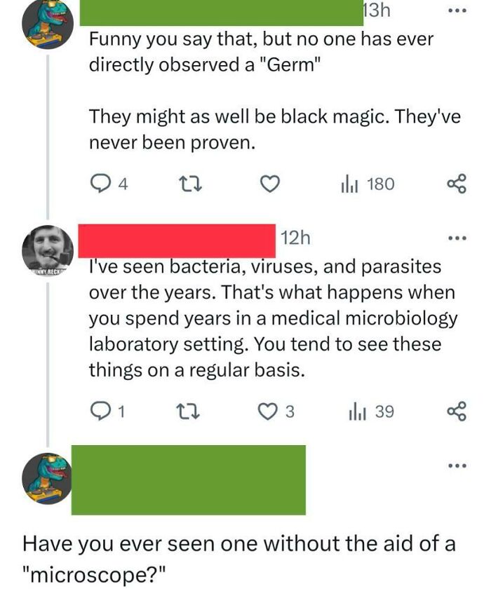 Online conversation showing clueless comments about germs and bacteria surprising others with their stupidity in a social media thread.