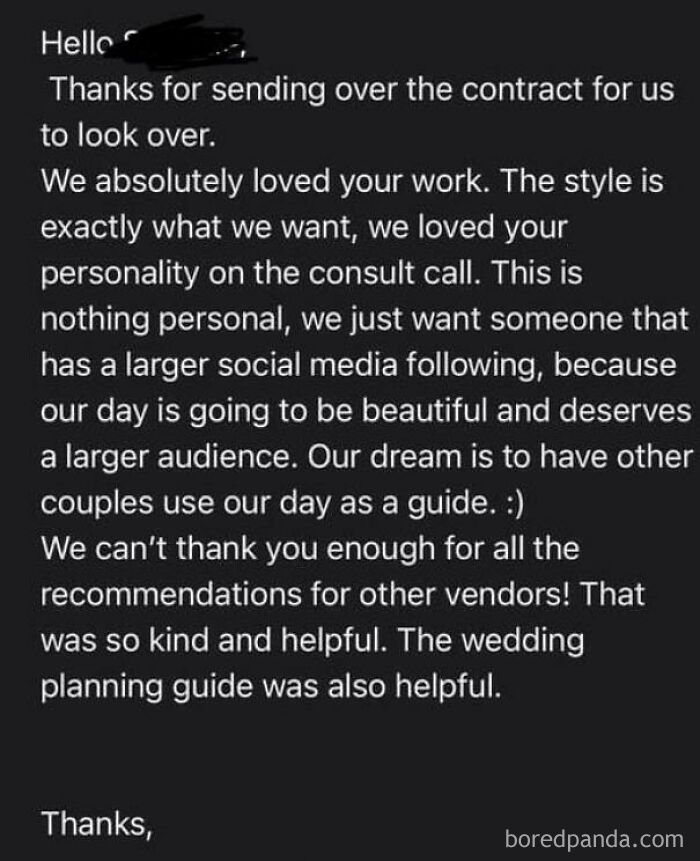 Bride Doesn’t Hire Photographer Because They Want Someone With A Larger Social Media Following