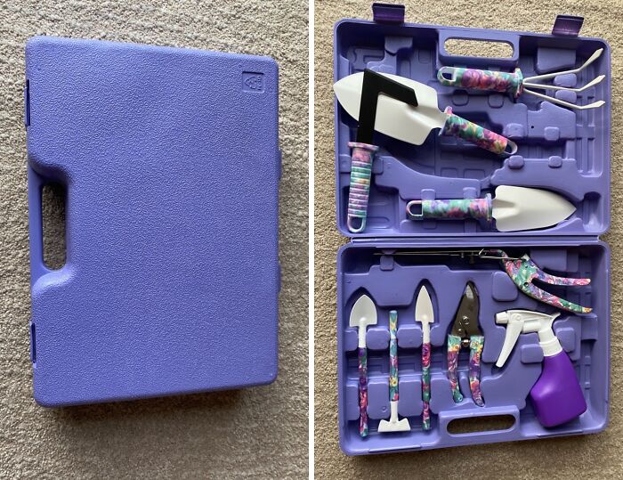 Purple gardening tool set with floral handles in a molded carrying case, ideal for low-effort garden finds for beginners.