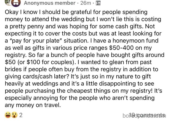 Bride Asking For Validation On Her Disappointment In Guests Being Cheap With Their Gifts, Expected A Minimum Gift Of Paying For Their Plate Cost
