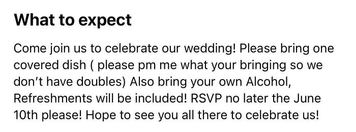 Bride Demands People Bring Their Own Food And Alcohol To Reception