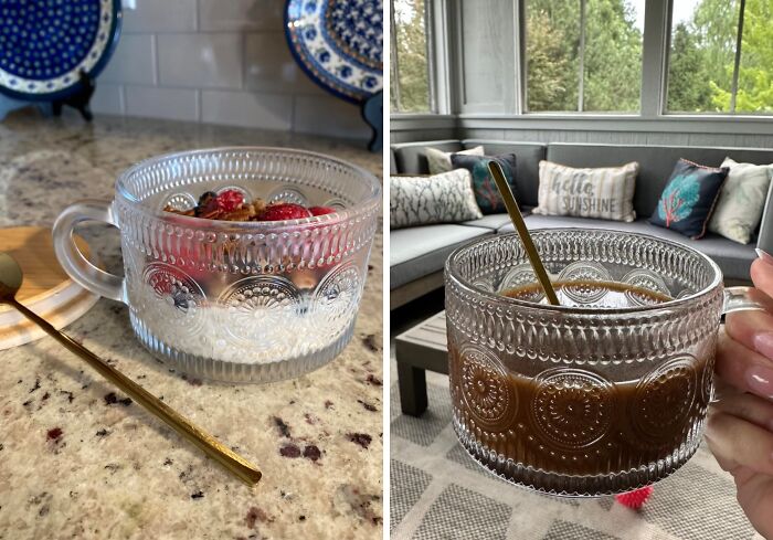 Morning Charm: Embossed Glass Mugs With Lids & Spoons For Coffee And Oats!