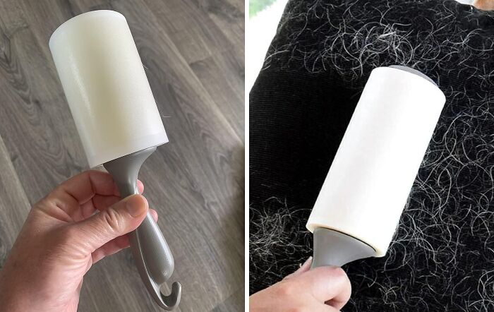 Lint roller used to deep clean pet hair from black fabric surface.