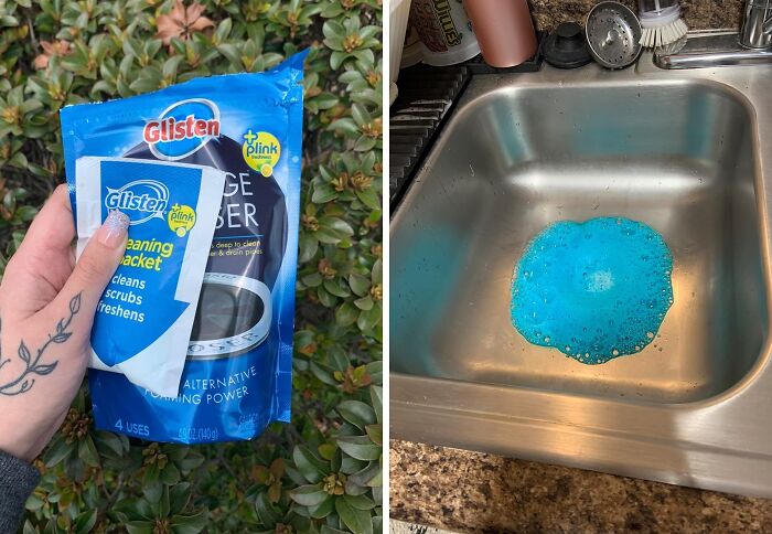 Cleaning product packet held outdoors next to a kitchen sink with blue foam used for frantic panic before guests arrive cleaning style.