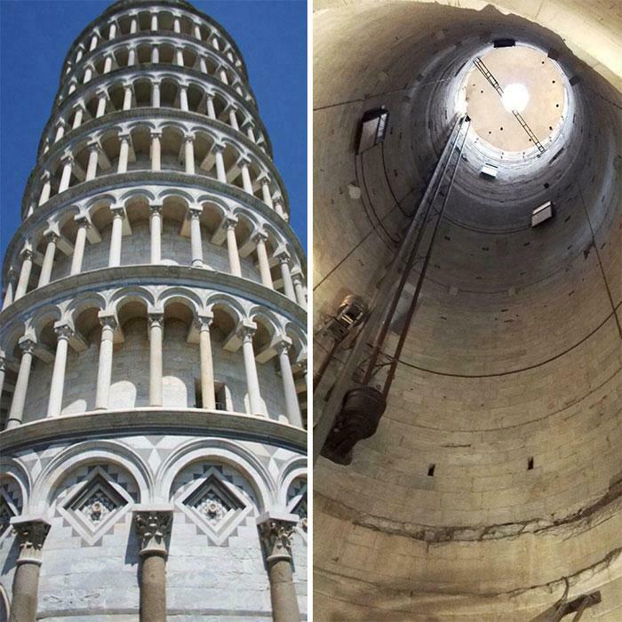 Leaning Tower of Pisa exterior and interior perspective.