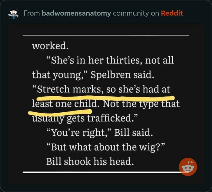 Text excerpt from bad women's anatomy on Reddit discussing stretch marks and assumptions about women, cringe-worthy takes on women.