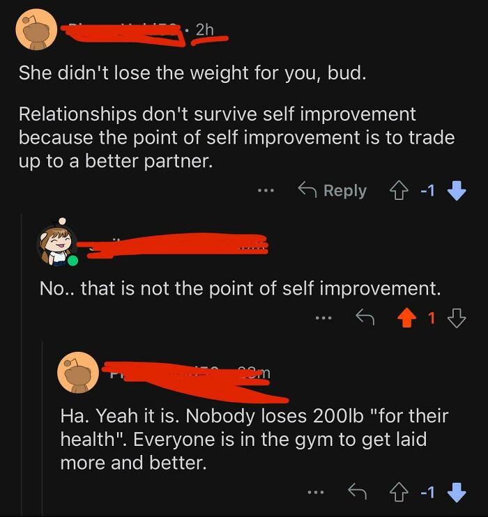 Online debate about self improvement and relationships with cringe-worthy takes on women provoking strong reactions.
