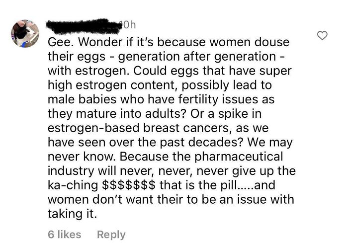Comment discussing estrogen and fertility issues in a cringe-worthy take on women from a social media post.