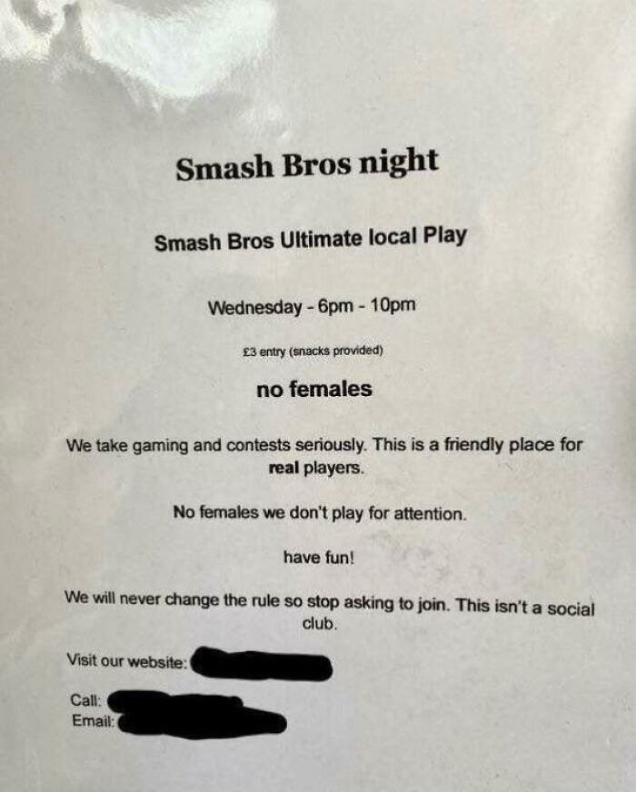 Flyer for a local Smash Bros gaming night with a controversial no females rule, highlighting cringe-worthy takes on women.
