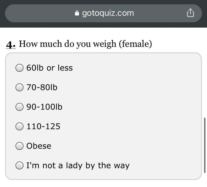 Quiz question asking females about their weight with options ranging from 60lb or less to obese on a cringe-worthy women topic.