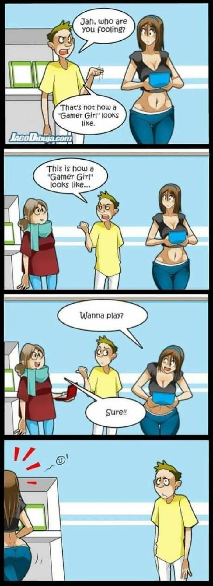 Comic strip showing a cringe-worthy take on women as gamer girls, highlighting stereotypes and reactions.