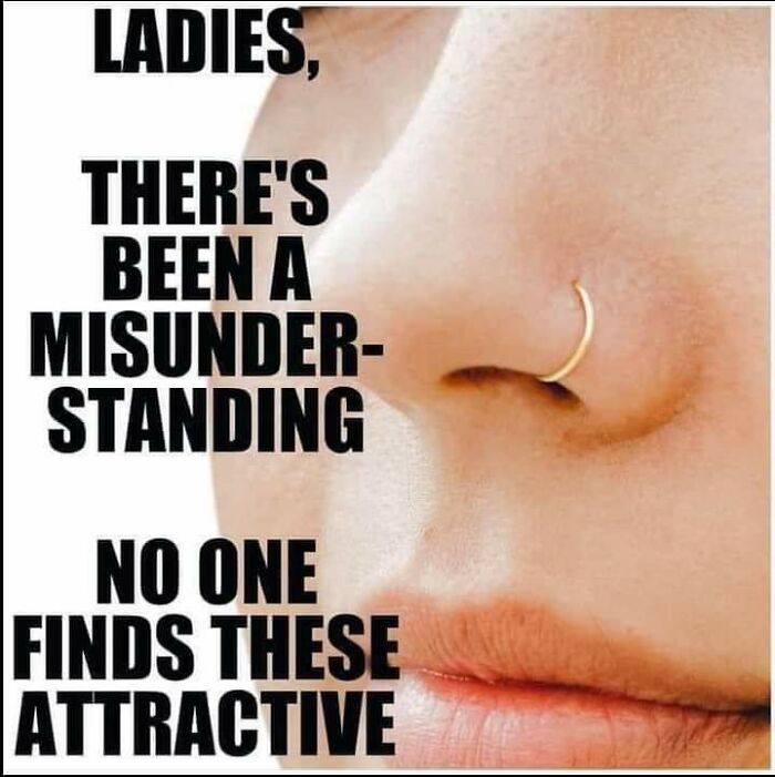 Close-up of a nose with a gold hoop piercing and text discussing controversial cringe-worthy takes on women and attractiveness.