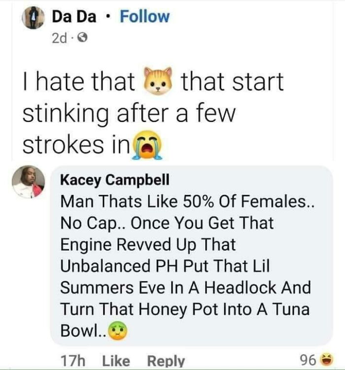 Social media post showing cringe-worthy takes on women discussing personal hygiene with emojis and comments.