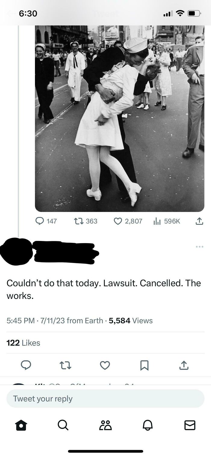 Black and white iconic photo of a sailor kissing a woman, shared in a tweet about cringe-worthy takes on women.