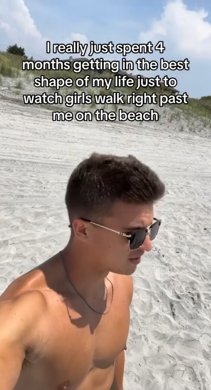 Young man shirtless on beach wearing sunglasses with text about getting in shape and women walking past, cringe-worthy takes on women.