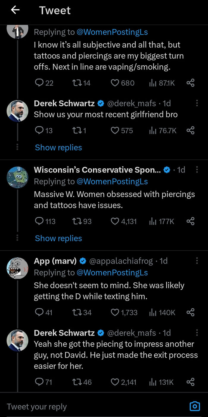 Screenshot of cringe-worthy Twitter takes on women discussing tattoos, piercings, and relationship opinions in a public thread.