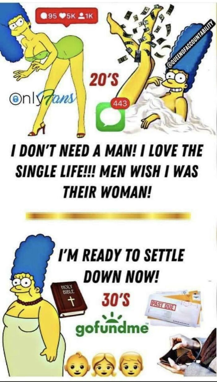 Cartoon comparison of women in their 20s and 30s with social media, single life, and settling down themes, cringe-worthy takes on women.