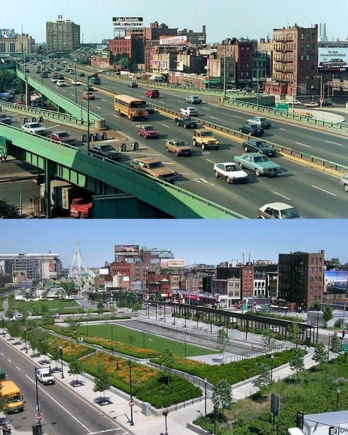Before and after view of urban infrastructure transformation showing a highway replaced by a green public park with buildings nearby.