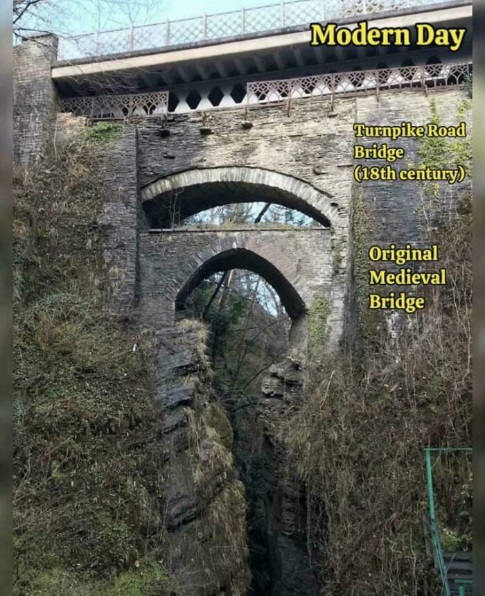 Medieval and 18th century turnpike road bridges showcasing brilliant infrastructure in a natural landscape.
