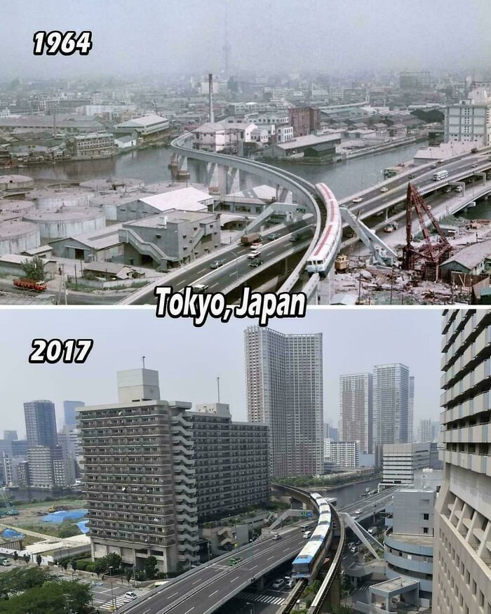 Tokyo Japan infrastructure transformation from 1964 to 2017 showing urban development and modern transportation systems.