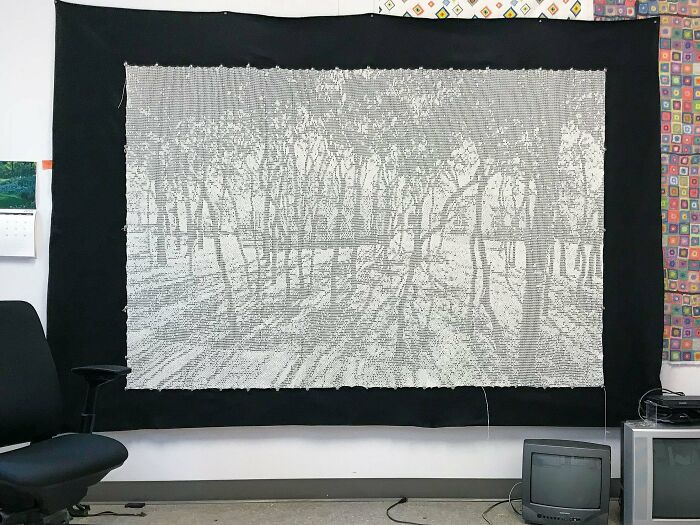 Some Years Ago I Made A Filet Crochet Tapestry Based On A Google Street View Image Of The Hospice Facility Where My Mom Passed Away In 2006. Cotton, 84" X 56"