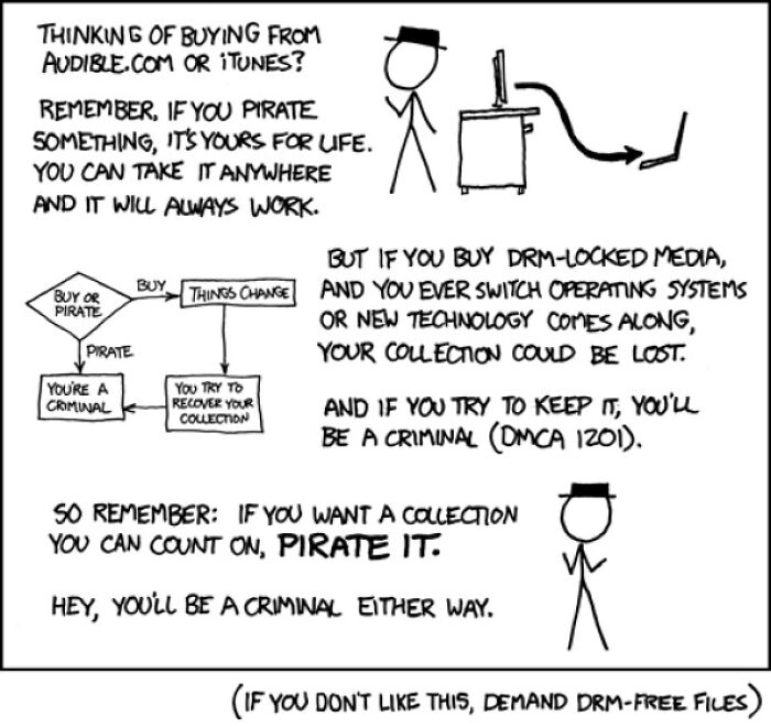 Stick figure comic about piracy highlighting issue of DRM-locked media and its long-term limitations; aged like wine.