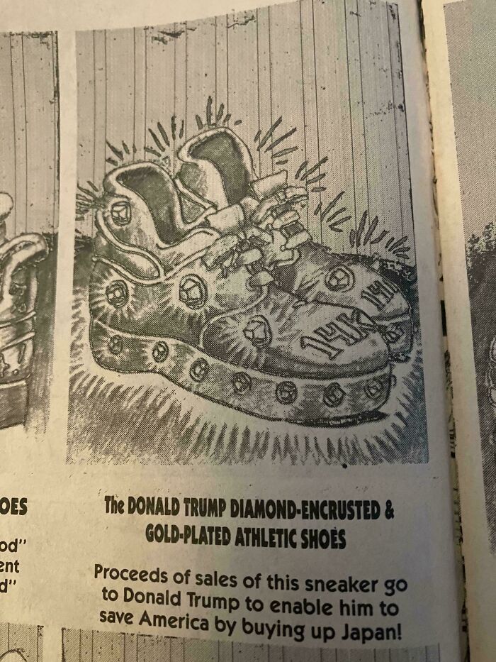 Illustration of diamond-encrusted, gold-plated shoes from an article on predictions that aged like wine.