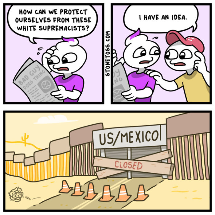 Cartoon characters discuss an idea while reading a paper; US-Mexico border depicted as closed. Keywords: Aged Like Wine predictions.