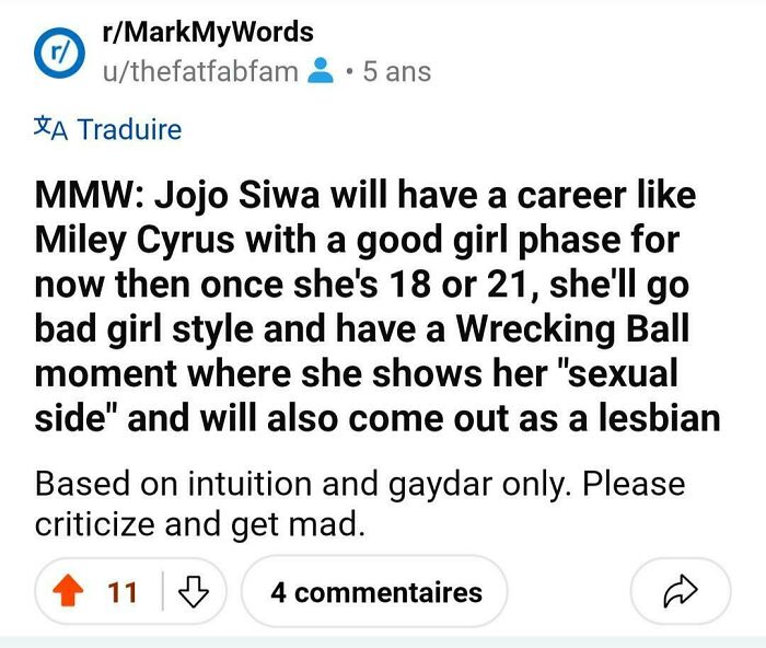 Reddit prediction about Jojo Siwa's career and personal life, discussing phases similar to Miley Cyrus.
