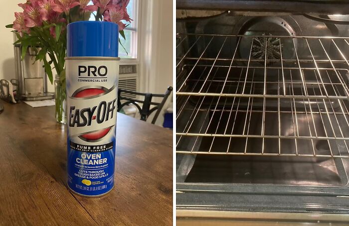 Oven cleaner on a table next to a pristine oven interior, showcasing lazy ways to deep clean your home.