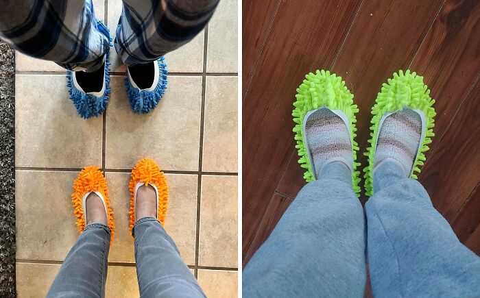 Feet wearing colorful microfiber mop slippers on tiled and wooden floors, ideal for frantic panic cleaning before guests arrive.