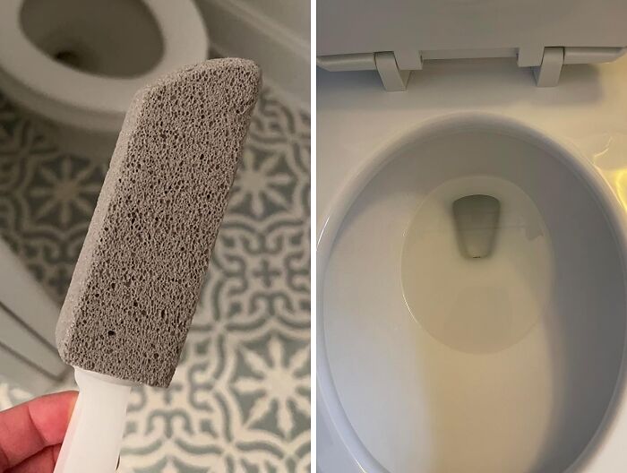 Pumice stone cleaning a toilet bowl, ideal for frantic panic before guests arrive cleaning style.