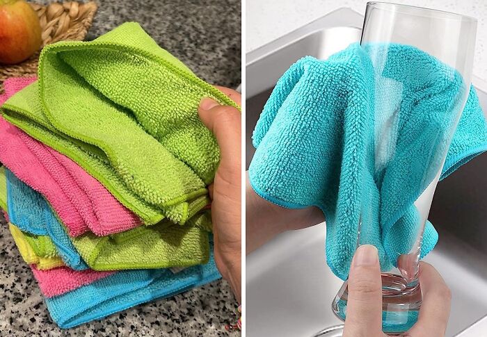Colorful microfiber cloths used for deep cleaning a kitchen countertop and glass.