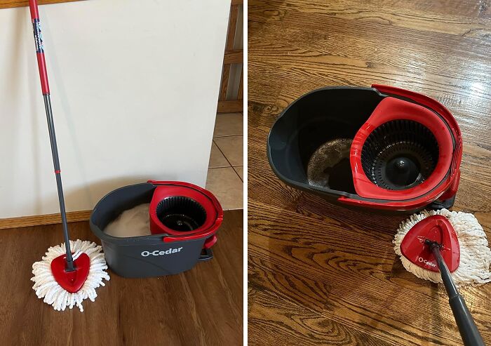 Spin mop and bucket set for efficient frantic panic before guests arrive cleaning and floor care.