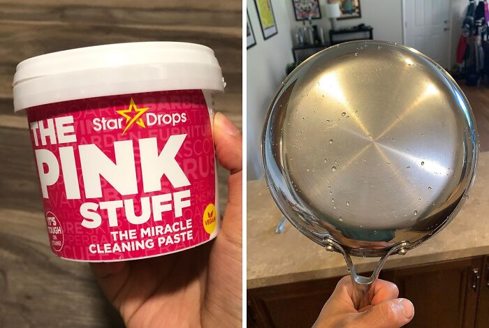 Cleaning paste container held in hand beside a shiny stainless steel pan, showcasing frantic panic cleaning tools.