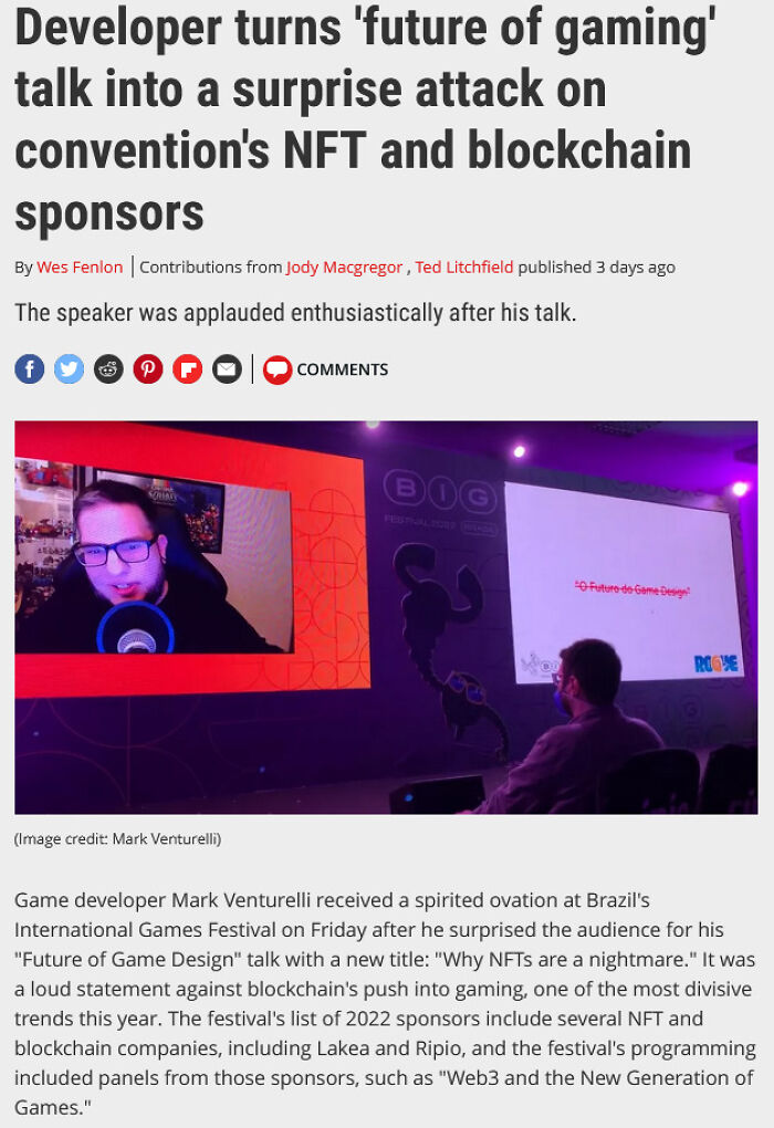 Game Dev Reveals "Future Of Gaming" Presentation Is Actually Anti-Nft Presentation, At Event With Several Crypto Sponsors