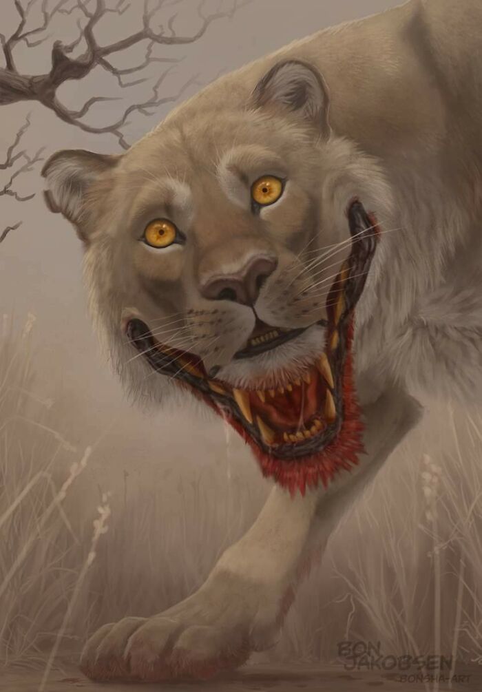 A creepy lion-like creature with a wide, bloodied mouth and sharp teeth, starring with intense yellow eyes. Hair of Kids.
