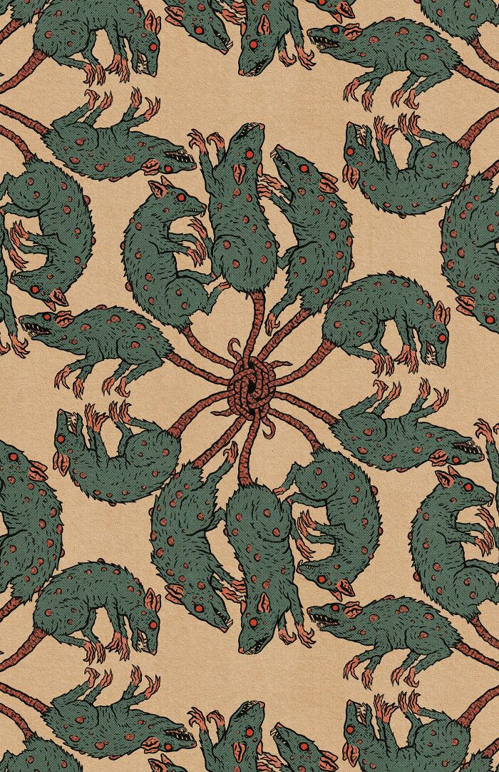 Creepy images of green, disease-ridden rats with red eyes and spots, tails intertwined. A disturbing sight for Hair of Kids I Babysit.