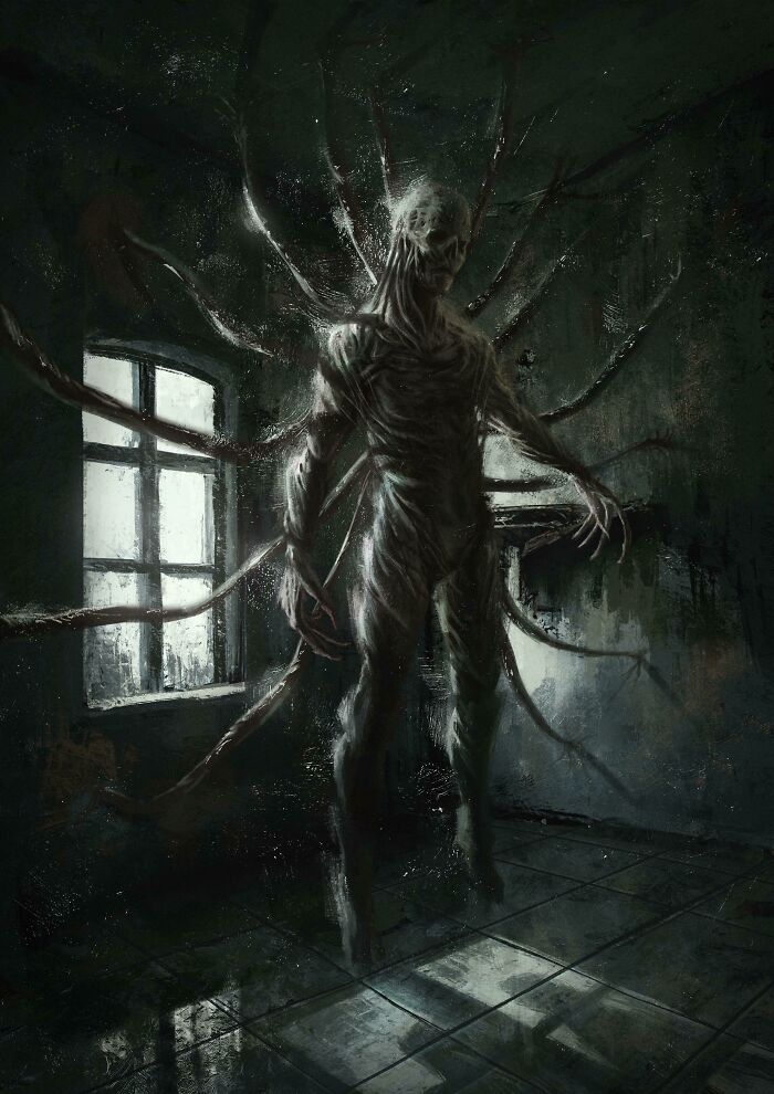 Creepy images of a pale, humanoid creature with tendrils in a dark room with a window, like something out of babysitting horror.