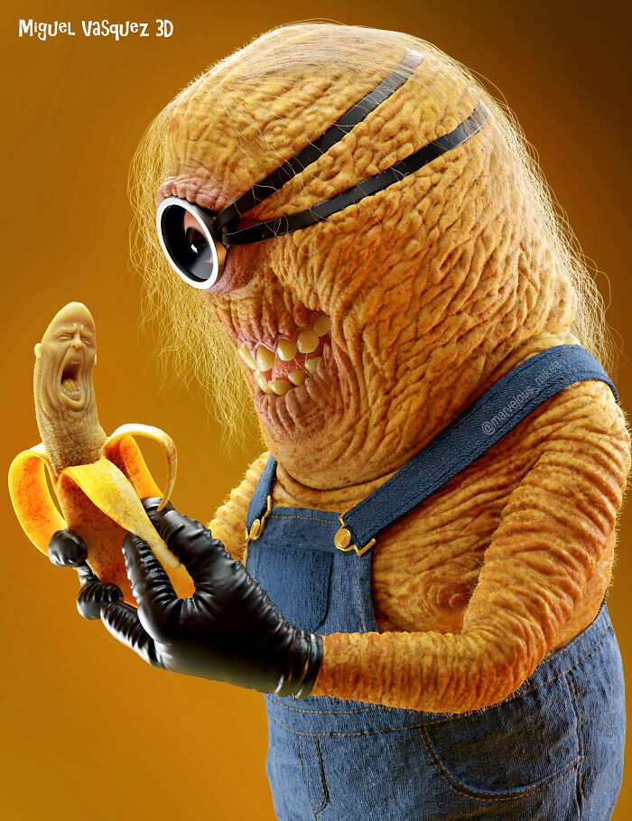 Creepy image of a grotesque, aged Minion with wild hair, peeling a banana with a screaming face. View at your own risk!