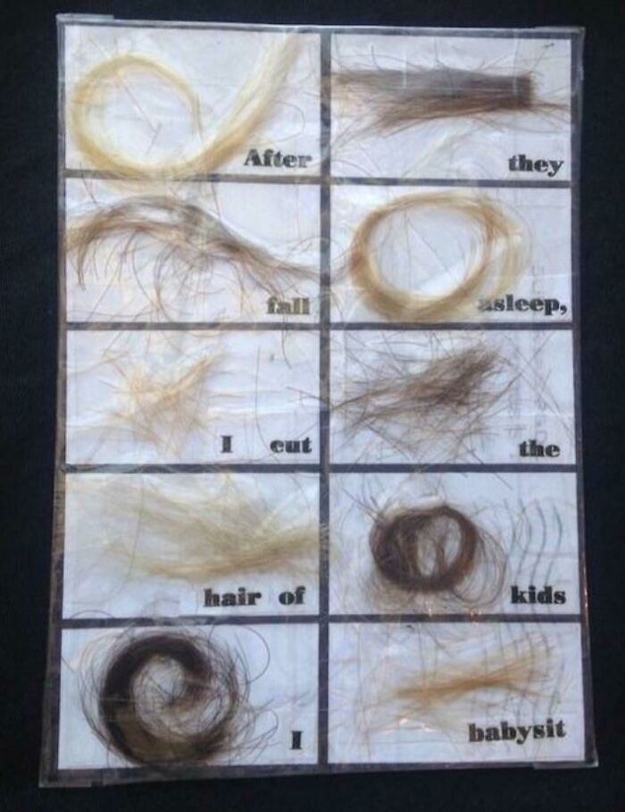 Creepy image displaying hair of kids I babysit, arranged in squares with text. It's a collage of different hair samples.