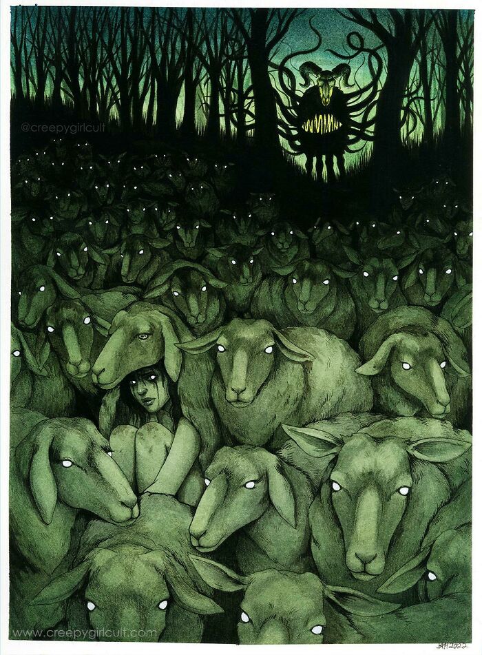 A creepy image of a girl surrounded by sheep with glowing eyes, while a horned demon lurks in the background.