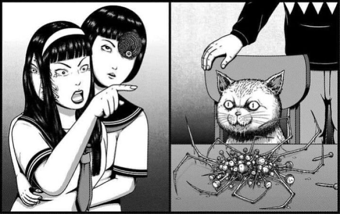 Creepy images of two girls pointing at a sinister cat and a spider-like creature. View at your own risk.