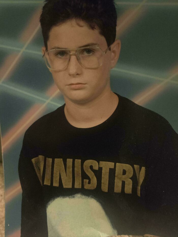 4th Grade 1991, Laser Background, Big Wire Frame Glasses And Ministry Shirt. Doesn't Get Much More Early 90s Than This